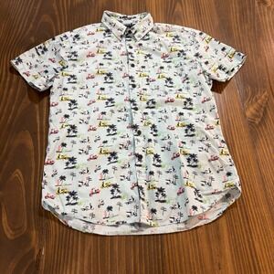 21MEN Mens Button Down Shirt Large Blue Scooter Palm Tree Print Short Sleeve Top